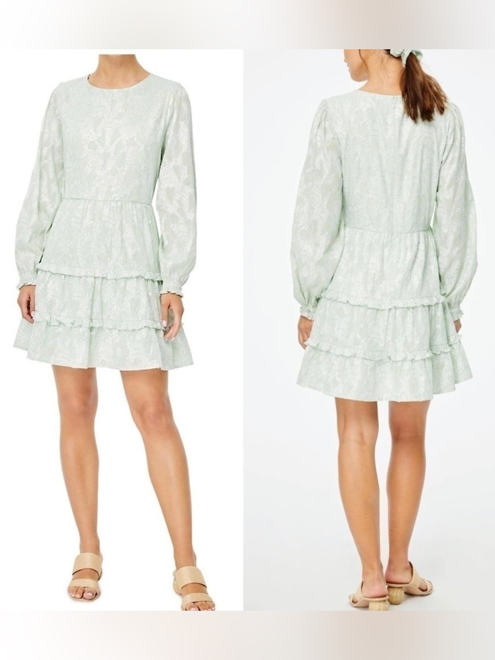 Roller Rabbit Clermont Nori Silver Mint Metallic Tiered Mini Dress XL